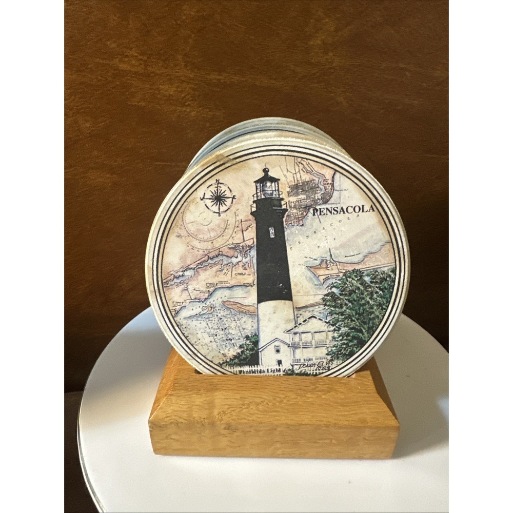4 Coastal Lighthouse 4"Absorbent Naturestone Coasters USA Cork Back Wood Vintage - Picture 2 of 7